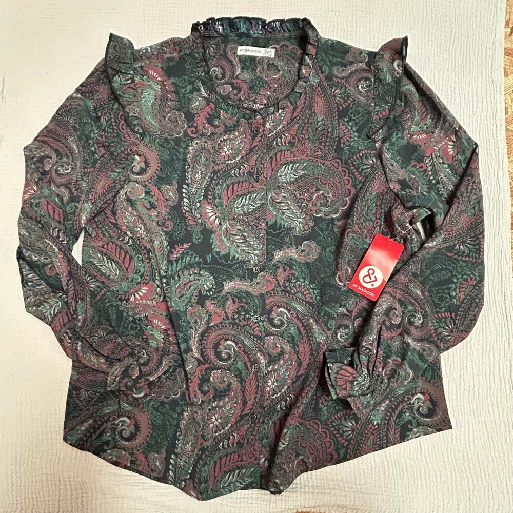 89th & Madison Women's Paisley Print Ruffle Detail Button-Front Blouse